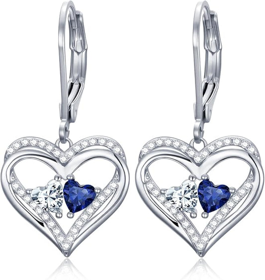 Valentines Day Gifts for Women, Heart Leverback Earrings Double Birthstone Dangle Earrings for Women, Love Jewelry for Her, Anniversary Birthday Gift for Mom Wife Girlfriend
