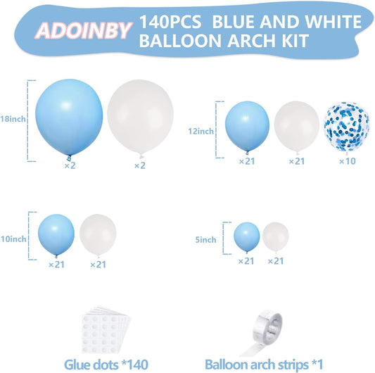 Blue and White Balloon Arch Kit, ADOINBY 140Pcs Pastel Light Blue and White Balloon Garland kit, 18 12 10 5 Inch Different Size Balloons for Baby Shower Birthday Gender Reveal Anniversary Decorations