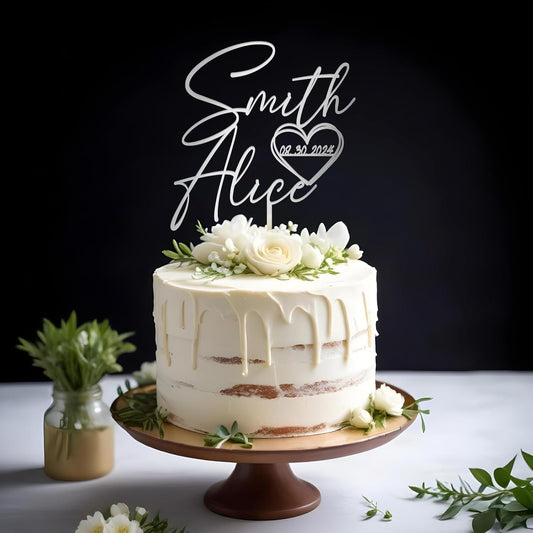 Wedding Cake Topper Custom Bride & Groom's Names and Wedding Date in Heart Personalized Cake Decoration in Acrylic