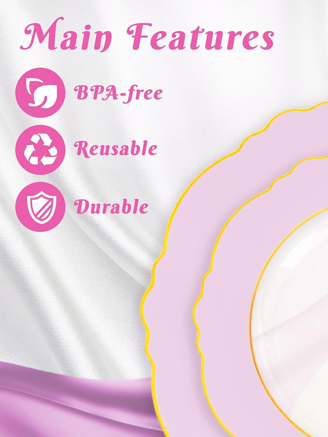 WDF 60Pcs Pink Plates Disposable with Gold Rim - Baroque Clear Pink and Gold Plastic Party Plates Ideal for Wedding/Baby Shower
