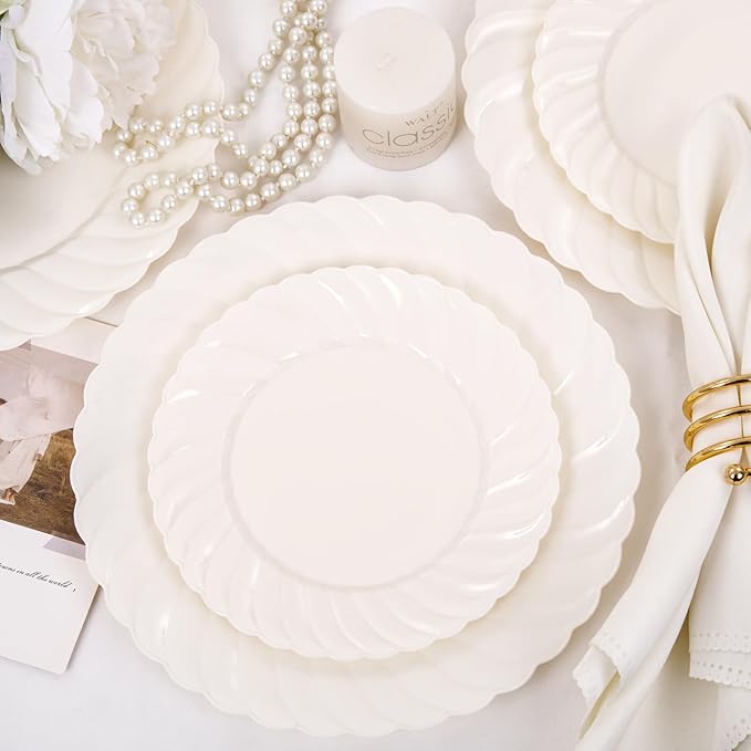 U-QE 100 Piece Ivory Scalloped Plastic Plates for Party - Plastic Plates Disposable Heavy Duty - High End Disposable Plates for Wedding Including 50PCS 9 '' Dinner Plates & 50PCS 6.5 '' Dessert Plates