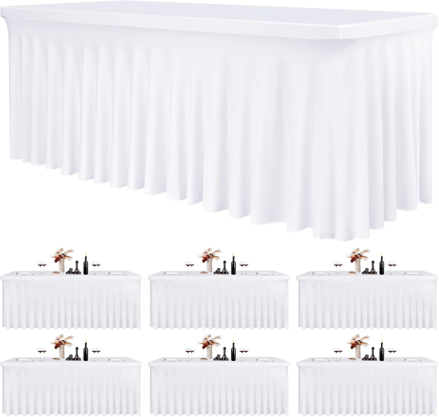 6 Pack 6Ft Spandex Table Skirts Fitted White Stretch Tablecloth, One-Piece Wrinkle-Resistant Ruffles Design Table Cover and Skirt for Wedding Party Banquet Event Trade Show