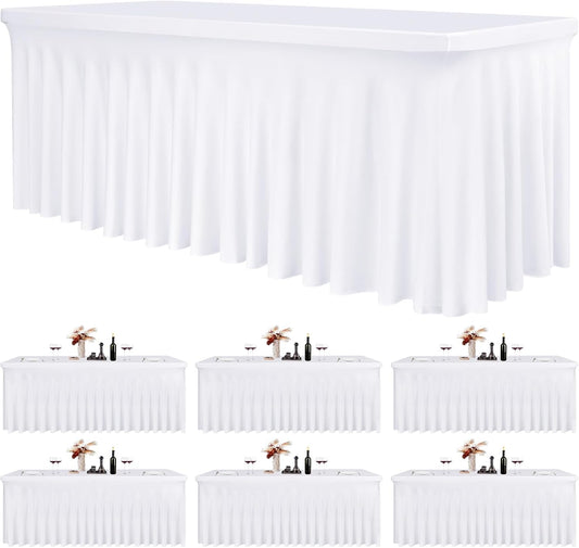 6 Pack 6Ft Spandex Table Skirts Fitted White Stretch Tablecloth, One-Piece Wrinkle-Resistant Ruffles Design Table Cover and Skirt for Wedding Party Banquet Event Trade Show