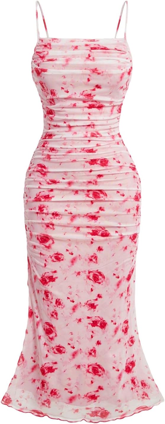 GORGLITTER Women's Floral Ruched Bodycon Midi Dress Mesh Sleeveless Fishtail Cami Dresses