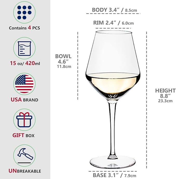 Plastic Wine Glasses Set of 8(15oz) |Unbreakable Wine Glasses with Stem|100% Tritan & BPA Free |Dishwasher Safe| Awesome For Pool, Beach, Travel, Pool, Camping, Beach, Picnic, Everyday Use.