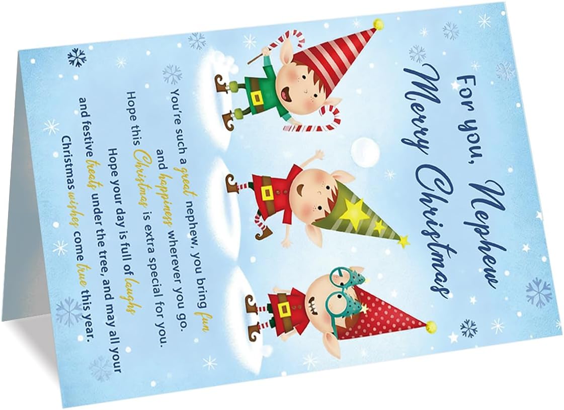 Christmas Card Gift for Nephew, Nephew Christmas Card from Auntie Uncle, Cute Festive Elf Design for Boys