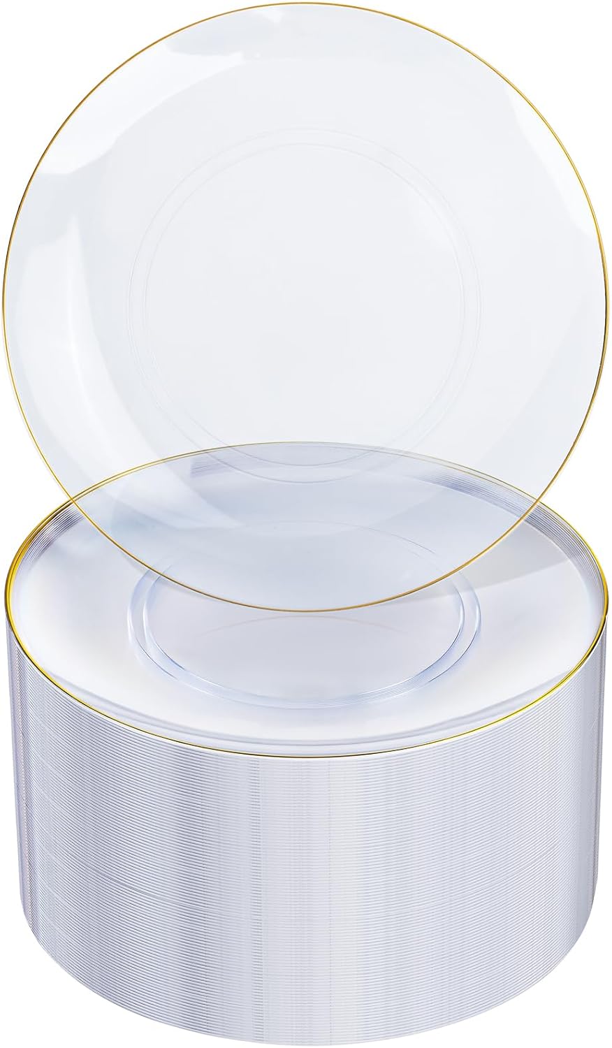 Nervure 100Pieces Clear and Gold Rim Plastic Plates - 7.5inch Disposabl Salad Dessert Plate - Clear and Gold Party Plates Ideal for Wedding & Party & Thanksgiving