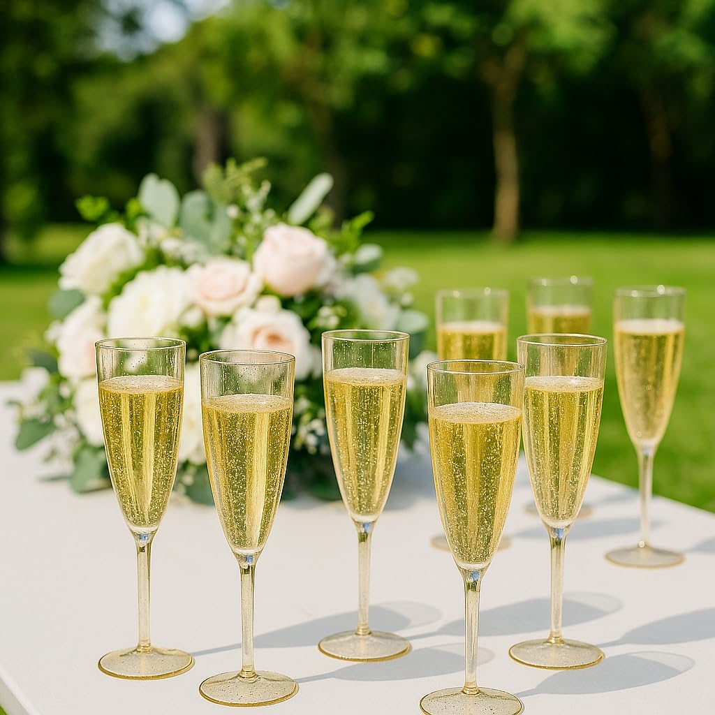 Oojami 6 Oz Gold Glitter Plastic Champagne Glasses 24 Pack Hard Disposable Plastic Champagne Flute Ideal for Home Daily Life Party Wedding Toasting Drinking Champagne Reusable Party Supplies