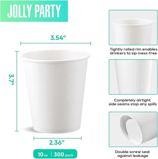 JOLLY PARTY 300 Pack 10 oz Disposable Paper Coffee Cup, Hot/Cold Beverage Drinking Cups for Water, White Paper Hot Coffee Cups