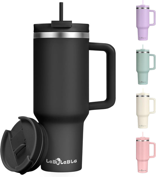 40oz Tumbler with Handle,Double Wall Vacuum Reusable Stainless Steel Insulated Water Bottle,With Leak Proof lid and Straw for Iced or Cold Beverages (Black)
