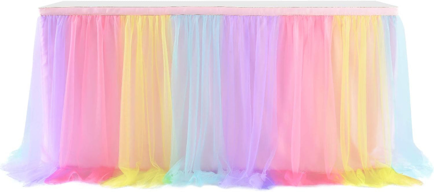Suppromo Rainbow Table Skirt for Baby Shower Girl Birthday Party 9ft Tulle Tutu Table Skirt Decorations for Gender Reveal Unicorn Theme Party Decorations(L9(ft) H 30in, Rainbow)