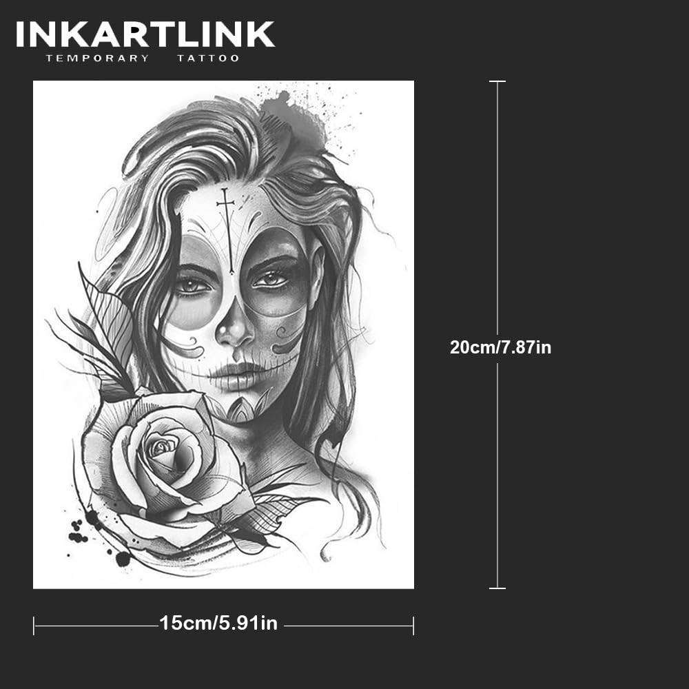 INKARTLINK 2 Sheets Extra large Semi Permanent Tattoos, Temporary Tattoos, Adult Art Designs, Waterproof, Realistic, No Adhesive, Non-Reflective, Lasts 1-2 Weeks ((Mexican Day of the Dead 4)