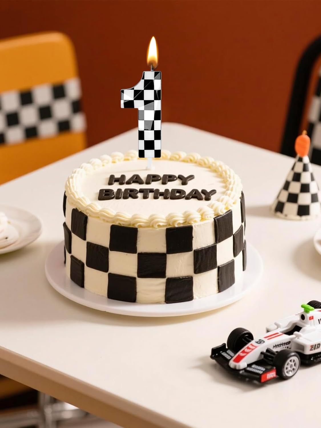 Number 1 Racing Cars Birthday Candles,2.68 Inch Black White Checkered Birthday Number Candles, Cool Racing Themed Number Candles for Boys and Girls, Kids Race Car Themed Party Decorations Supplies