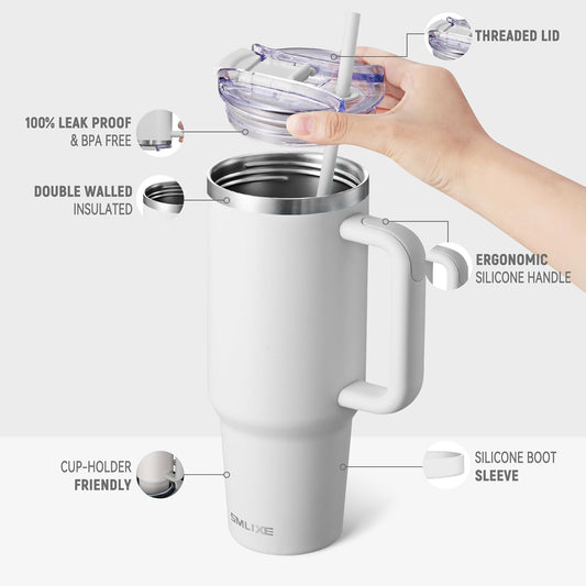 40 oz Tumbler with Handle and Straw Lid,Insulated Reusable Stainless Steel Water Bottle Travel Mug，Cupholder Friendly Double Wall Vacuum Sealed Cup (Cold White)