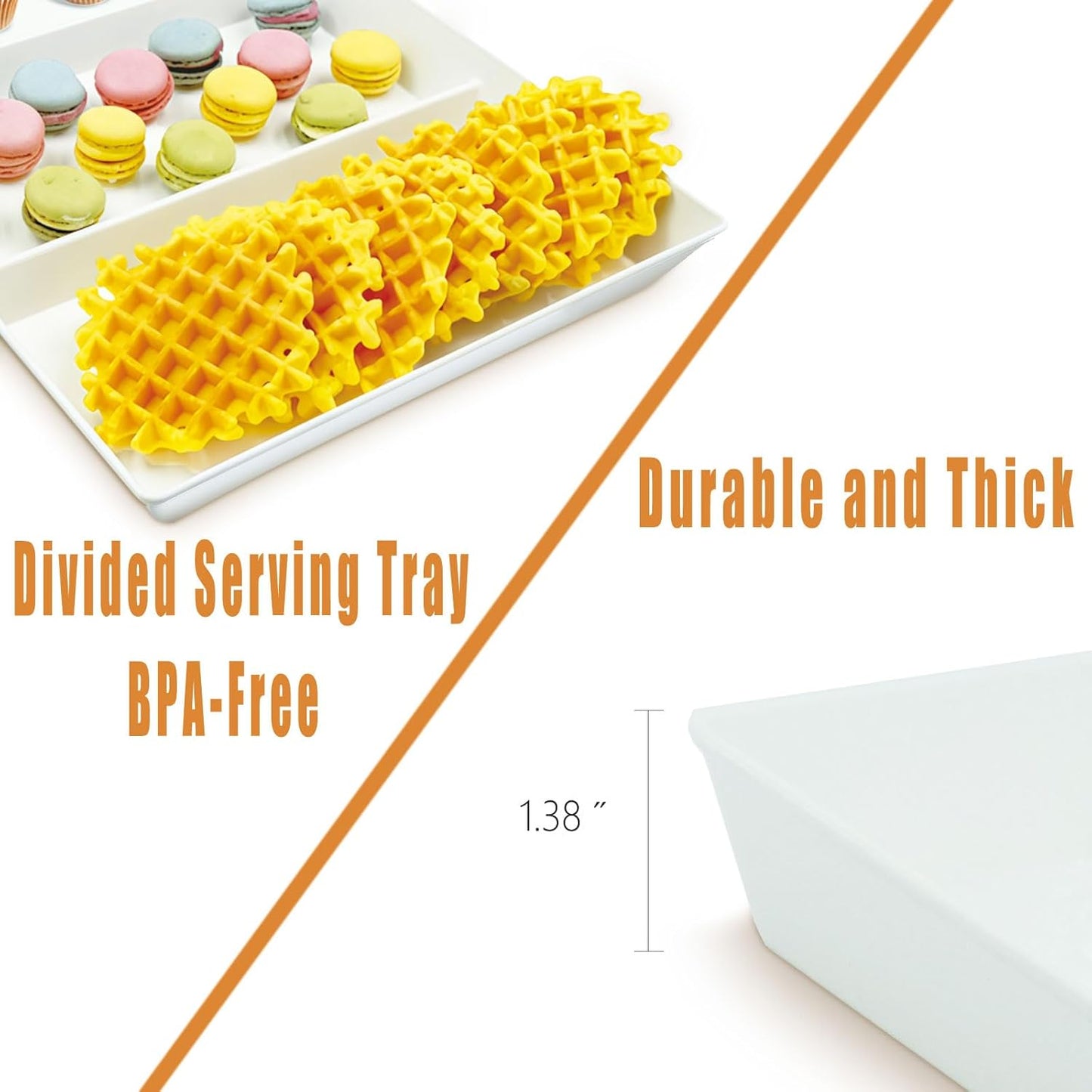 Divided Serving Tray Platter, 2 Pack 15" x 10" Fruit Veggie Food Tray for Party, Plastic Serving Trays for Appetizer, Snack, Dessert, Cookie, Brunch Decorations Platters, White Trays BPA-Free