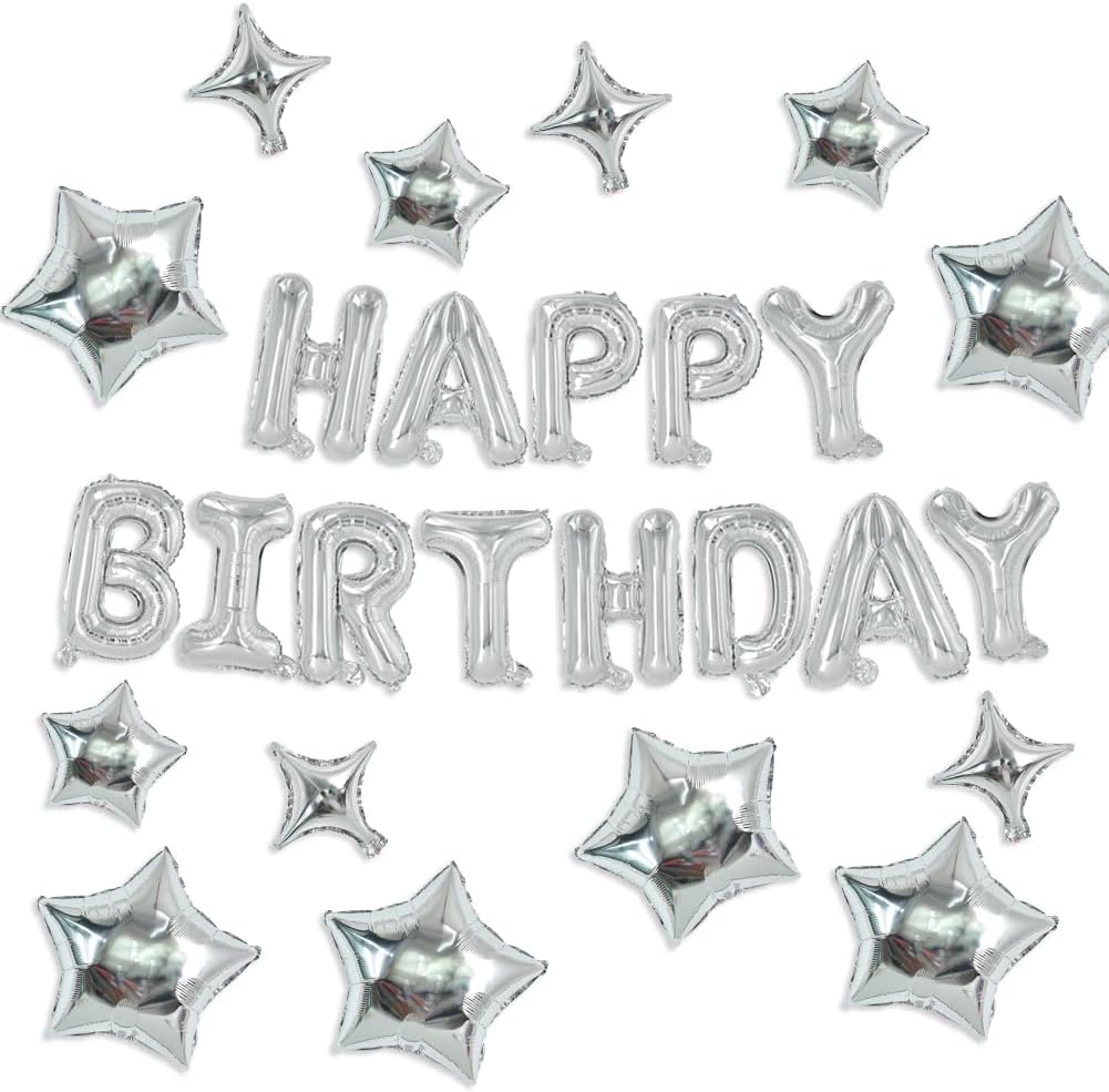 TONIFUL 35PCS Silver Happy Birthday Decorations 16 Inch Happy Birthday Balloon Banner with Star Balloons Mylar Foil Birthday Party Decorations Supplies for Men Women Adults Girls Boys Kids