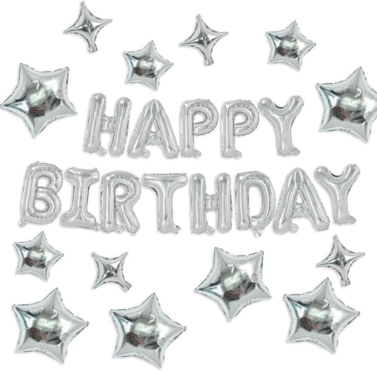 TONIFUL 35PCS Silver Happy Birthday Decorations 16 Inch Happy Birthday Balloon Banner with Star Balloons Mylar Foil Birthday Party Decorations Supplies for Men Women Adults Girls Boys Kids