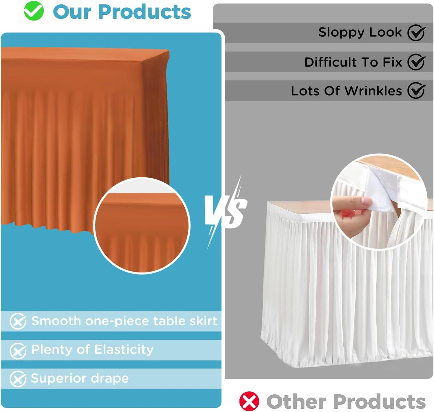 Table Skirts for 8ft Rectangle Tables - 1PCS Light Brown Table Covers for 8 Foot Tables, Wrinkle Resistant Ruffles Elastic Table Cloths and Table Skirt for Banquets/Weddings/Parties/Birthday