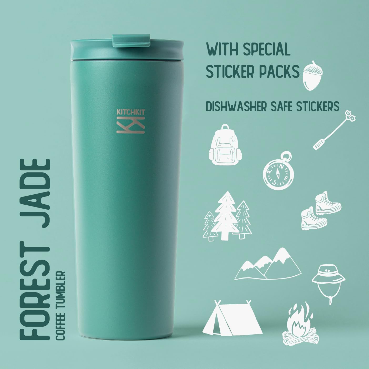 750ml (25oz) Insulated Tumbler with Straw, Flip Lid & Bonus Sticker Pack – Stainless Steel Reusable Travel Cup (Forest Jade)