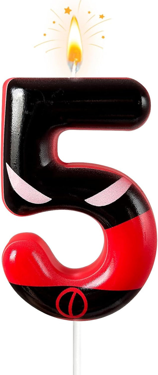 Black Red Mask Number 5 Birthday Candles - Comic Themed Cake Topper for Birthday Decorations Supplies, 5 Candle Party Favors (Number 5)