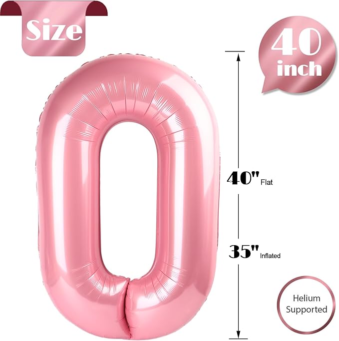 Pearlescent Pink Number Balloon 40 Inch, 0 Number Balloons, 10 20 30 40 50 Numbers Balloon Birthday Decorations, Party Supplies for Women