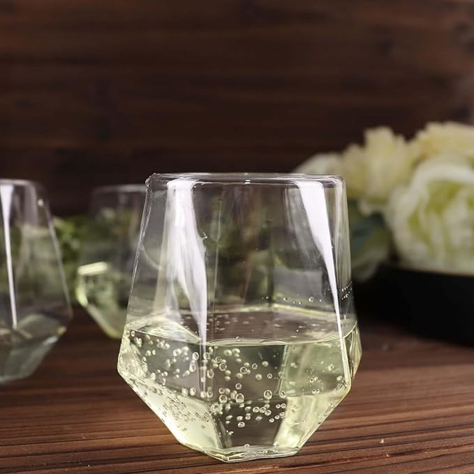 Efavormart 12 Pack | Diamond Shaped 12oz Plastic Stemless Wine Glasses, Clear Disposable Shatterproof Whiskey Cups for Parties, Weddings, Picnics, Catered Events