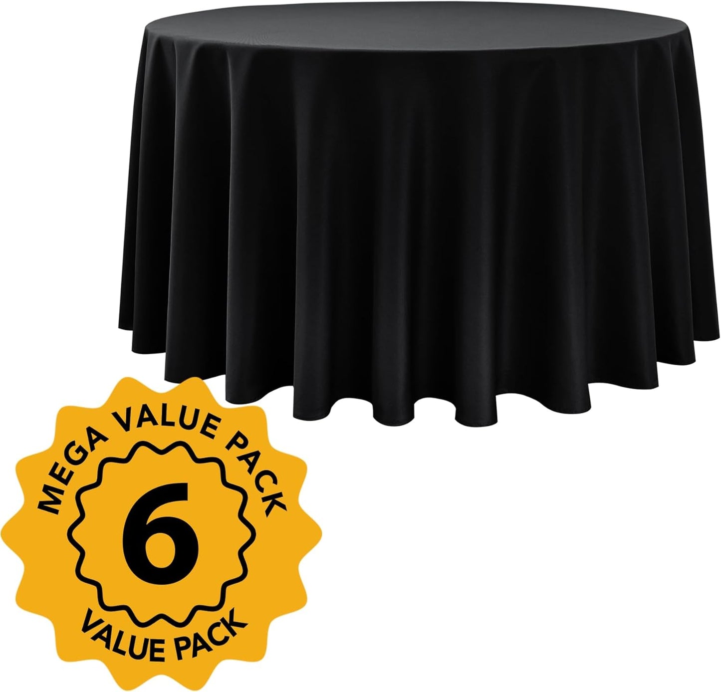 6-Pack Black Round Tablecloths, 120 Inches, Stain-Resistant Polyester for 5-6 Ft Round Tables - Washable Table Covers for Weddings, Banquets, Birthday Parties, Events