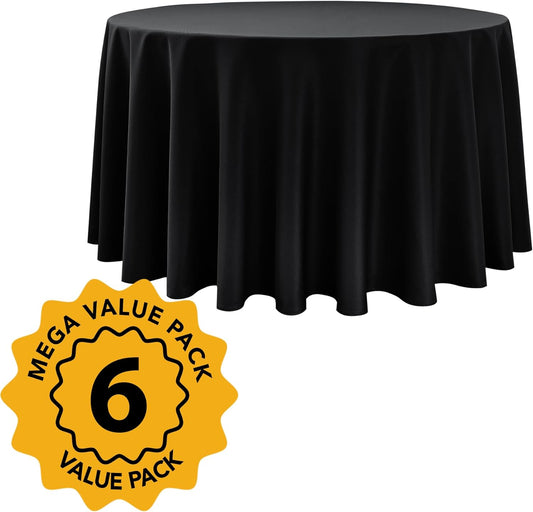 6-Pack Black Round Tablecloths, 120 Inches, Stain-Resistant Polyester for 5-6 Ft Round Tables - Washable Table Covers for Weddings, Banquets, Birthday Parties, Events