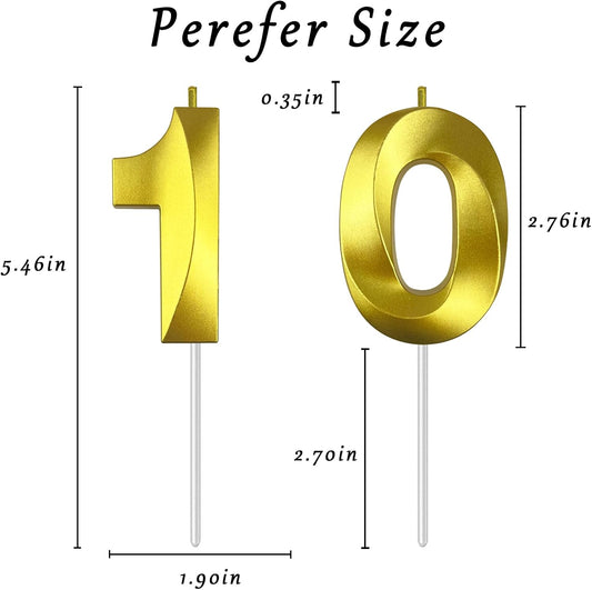 Gold Number 10 Candles, 3D Diamond 2.76 Inch Cake Topper Birthday Candles for Wedding Anniversary Cake Decorations, Happy Birthday Party Decorations
