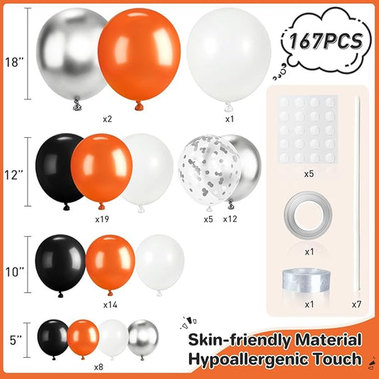 Orange Black White Silver Balloon Garland Arch Kit, 167Pcs Latex Balloons Different Sizes 18 12 10 5 inch for Birthday Graduation Halloween Basketball Theme Party Decoration