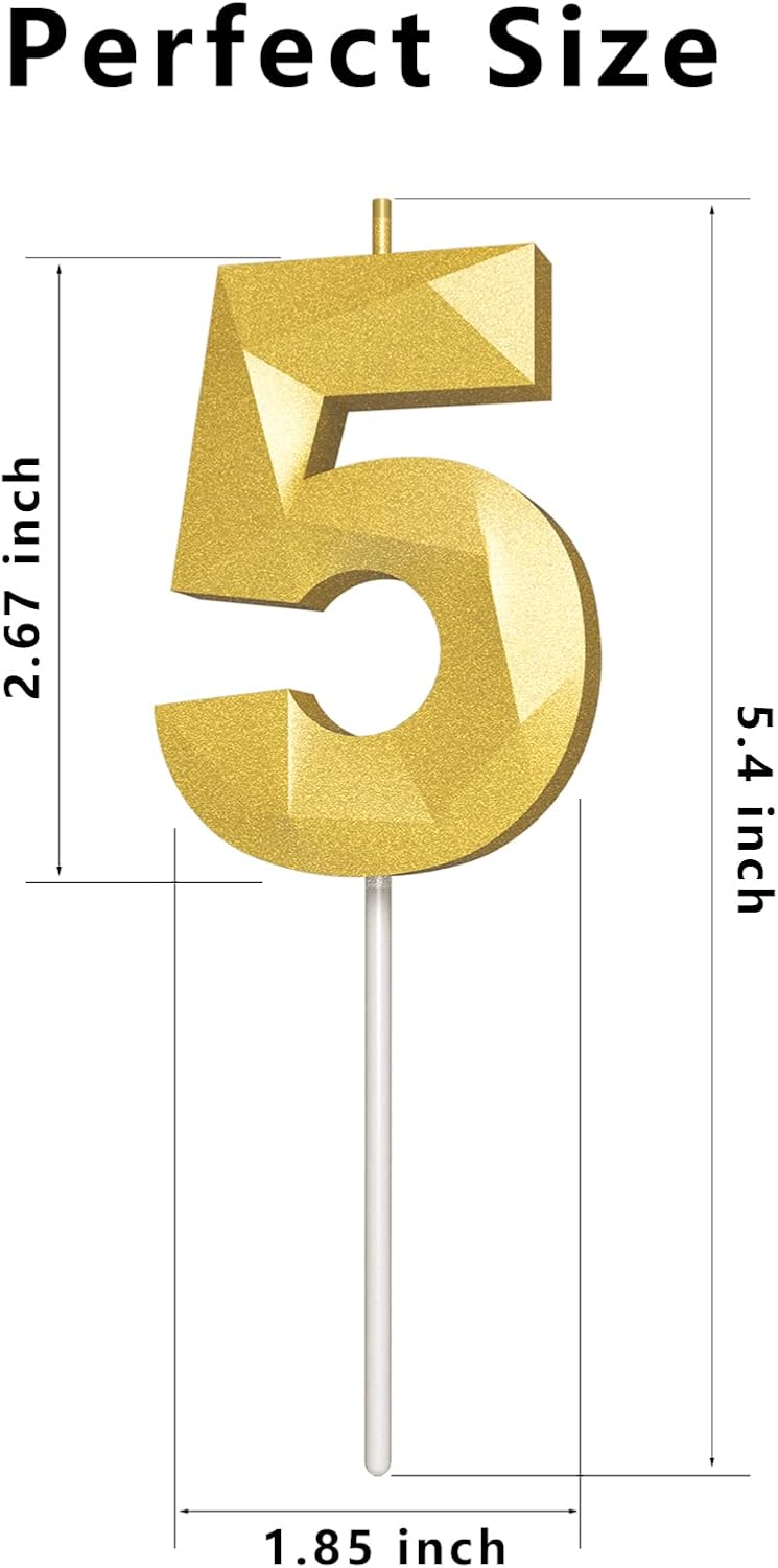 Number Birthday Candles(5 Candle Gold) 3D Diamond Shape Number Happy Birthday Cake Candles for Birthday Party Wedding Decoration Reunions Theme Party