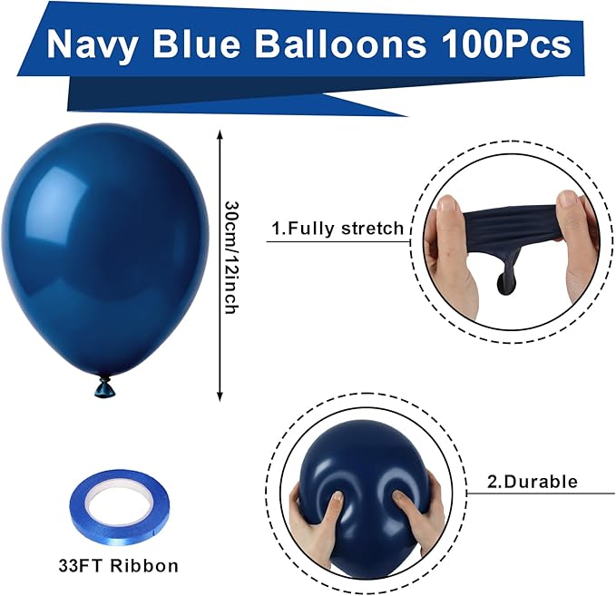 Patimate Navy Blue Balloons 100 Pack 12 Inch Matte Navy Blue Latex Balloons for Birthday Graduation Wedding Independence Day Nautical Retirement Patriotic Party Decorations