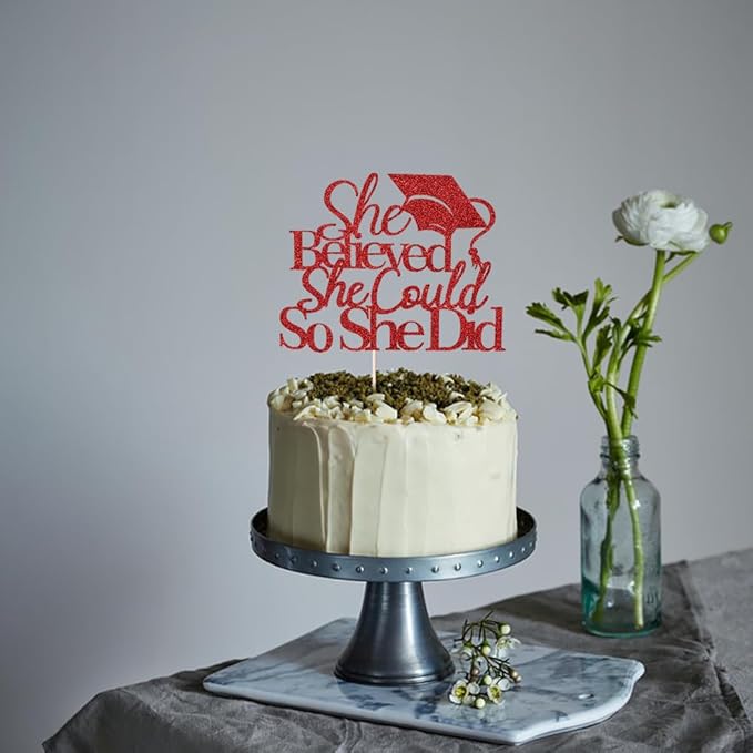 She Believed She Could So She Did Cake Topper,2025 Graduation Cake Topper,cake Decorations for Girls,2025 High School/College/University Graduation (red)