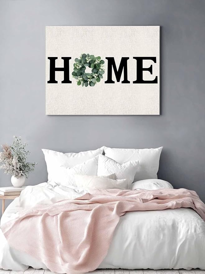 Home Green Eucalyptus Leaves Garland Canvas Wall Art Retro Linen Wall Painting Canvas Picture Prints Framed Artwork for Office Bedroom Bathroom Kitchen Home Decorations,24x20In