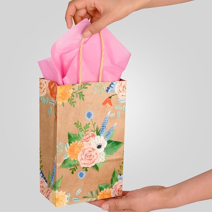 DjinnGlory 50 Pack Small Brown Kraft Gift Bags with Handles and Pink Tissue Paper for Birthday Wedding Baby Shower Party Favors, Thank You Floral Bags for Valentine's Mother's Day (9x5.5x3.15 Inch)