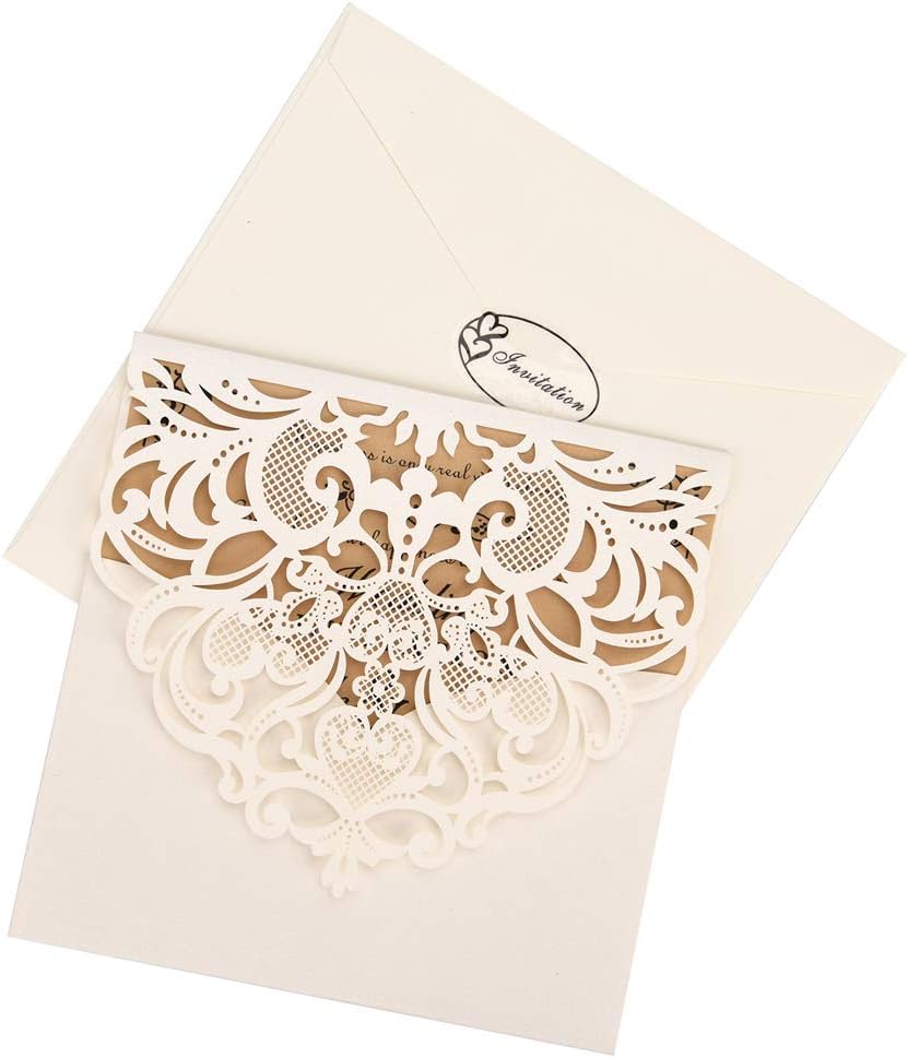 FOMTOR Laser Cut Invitations 50 Pack Laser Cut Wedding Invitations Card Kit with Blank Printable Paper and Envelopes for Wedding,Birthday Parties,Baby Shower (White)