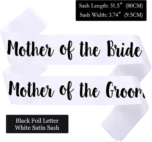 2 PACK Mother of the Bride and Groom Sashes, White Sash with Black Letters Bachelorette Sashes for Mother Bridal Shower Supplies Wedding Accessories
