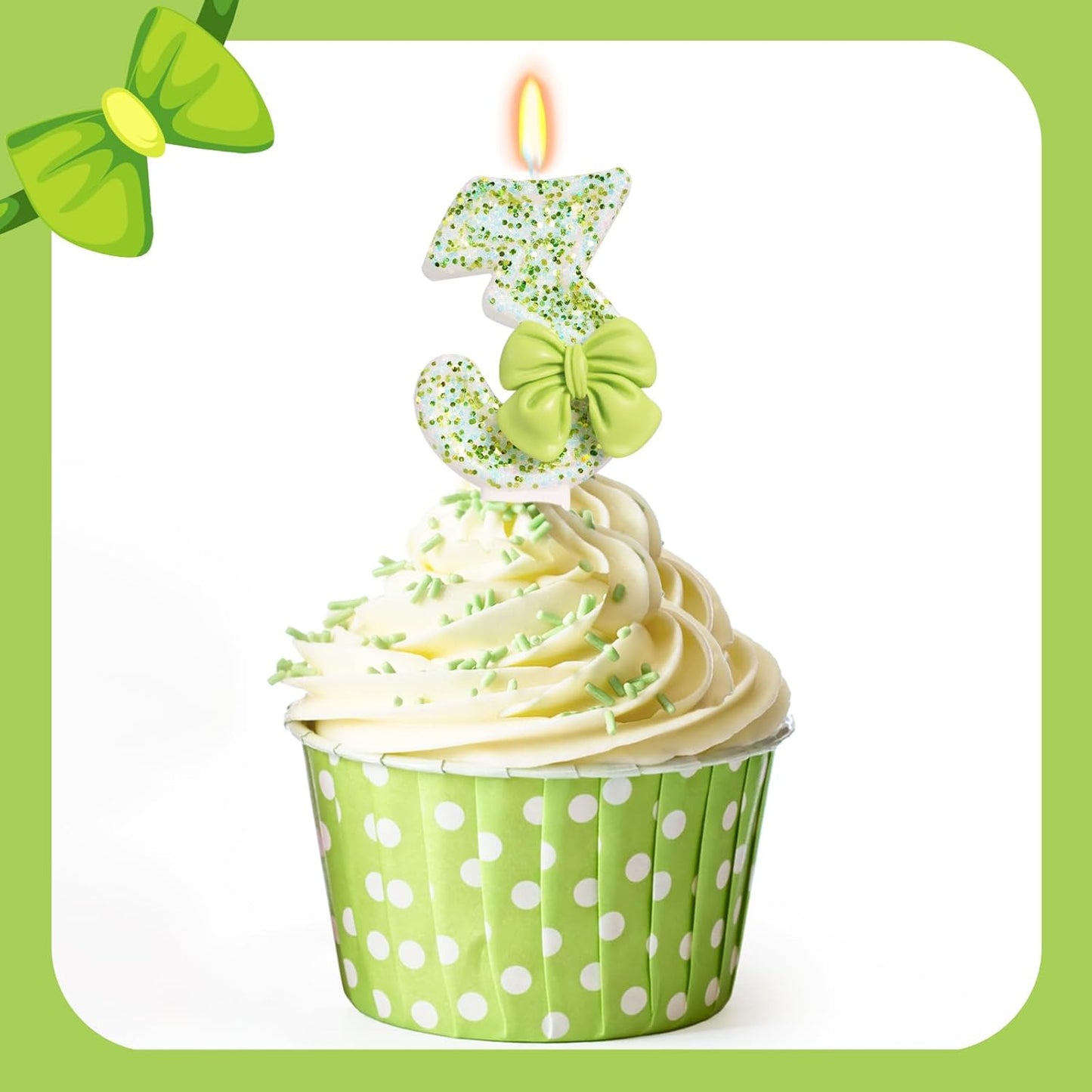 Birthday Candle for Cake, Green Bow Number Cake Candles, 2.76 inch Cake Topper Decoration for Birthday Party (Number 3)