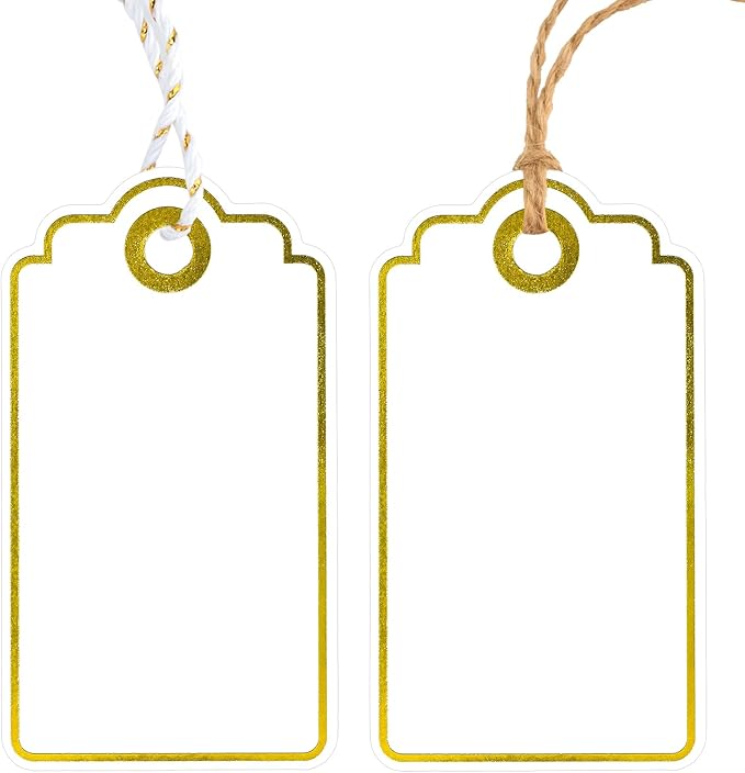 Anwyll Gift Tags with String - 100Pcs Gold Foil Metallic Gift Bag Tags Personalized White Blank Hanging Paper Label Tag for Baby Shower Birthday Party Wedding Christmas Favor Present