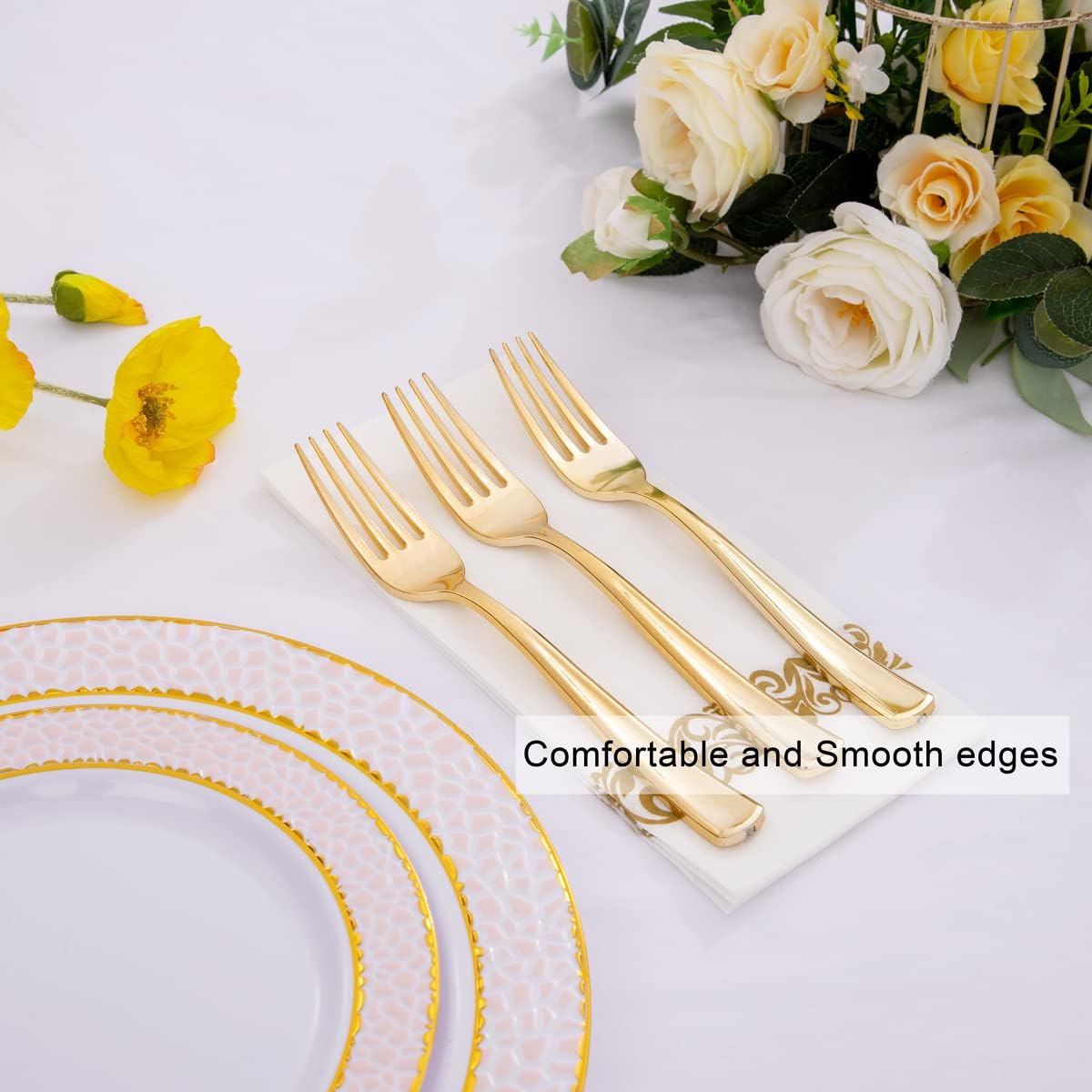Liacere 200pcs Gold Plastic Forks - Heavyweight - 7.4 Inch Heavy Duty Forks - Gold Plastic Silverware Perfect For Parties & Weddings & Restaurants & New Year And Daily Using&Fall Decor