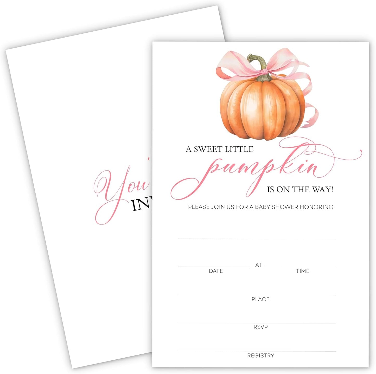 Pink Pumpkin Baby Shower Invitations - “A Sweet Little Pumpkin Is On The Way” Design with Envelopes And RSVP Cards - 20Pcs Fill In Baby Shower Party Cards(4 x 6 Inch) (042)