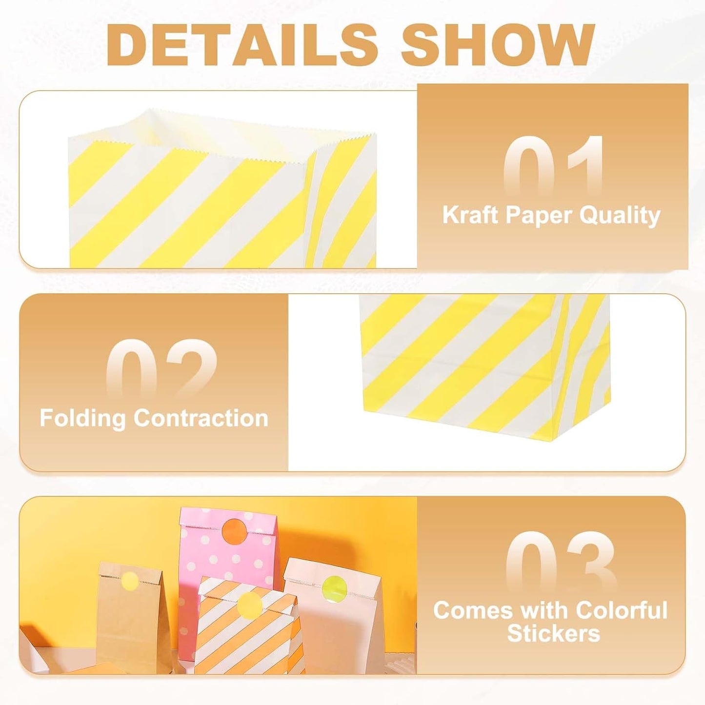 PATIKIL Party Favor Bag, 24 Pcs 5.1x3.1x9.4 Inch Medium Paper Candy Bags Gift Treat Celebration Halloween Goody Birthday Wedding Party with Stickers, Yellow Twill
