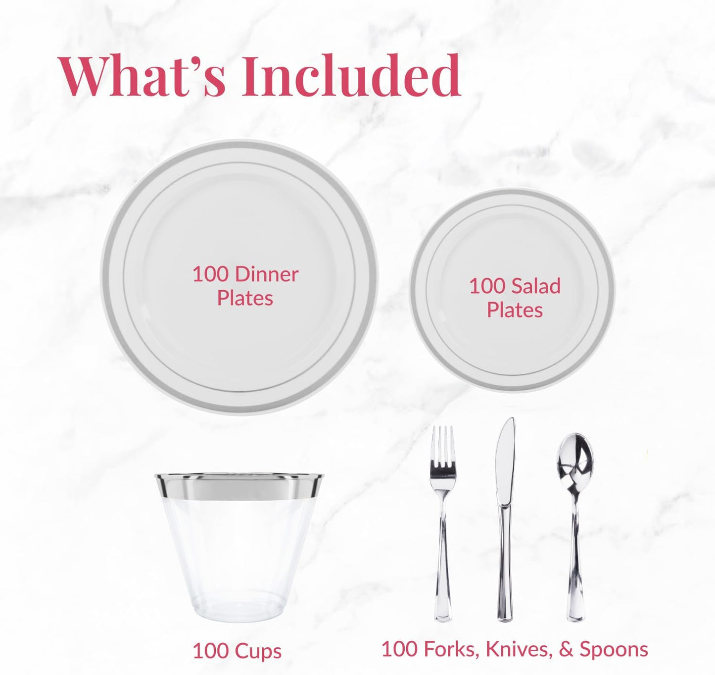 Prestee 600 Piece Dinnerware Set for 100 Guests - Elegant Disposable Silverware and Party Plates for Events - Includes Cutlery Set with 100 Dinner Plates, Salad Plate, Cups, Knives, Forks, and Spoons