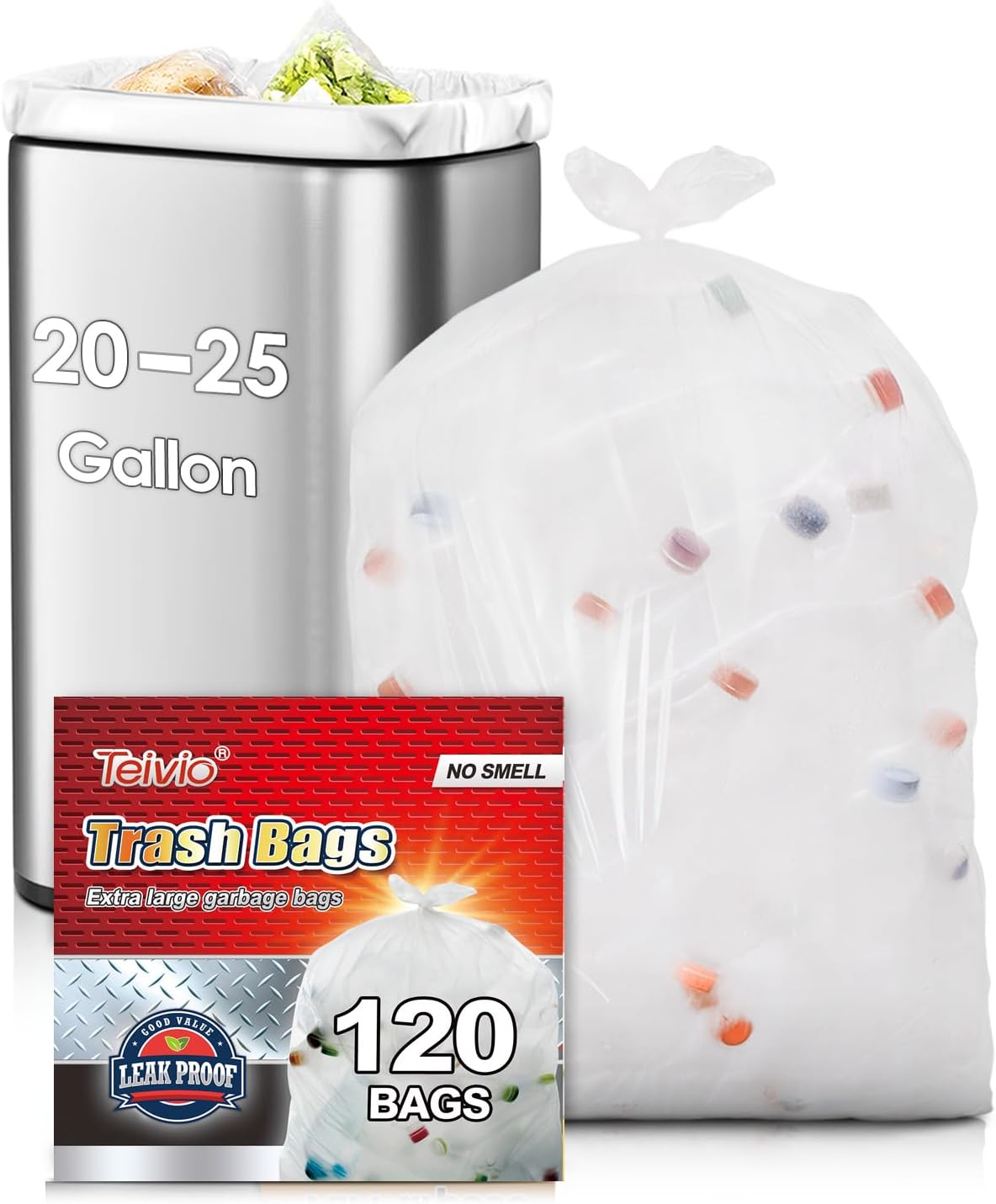 20-25 Gallon 120 Counts Tall Kitchen Trash Bags,Fit 16,18,20,21,23,25Gal,Garbage Bags by Teivio, Unscented,75 Liters Bin Liners, Plastic Bags for home,for Bathroom,Office,Industrial,Clear