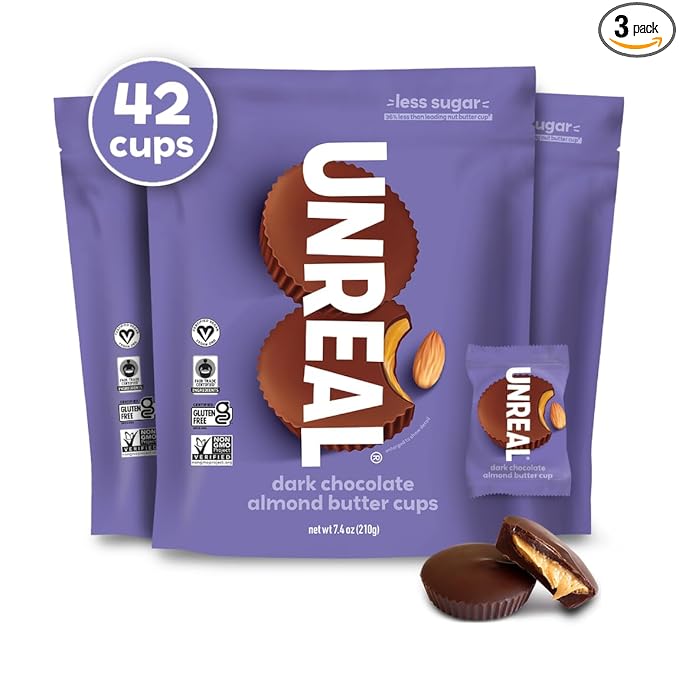 UNREAL Dark Chocolate Almond Butter Cups | 5g Sugar | Certified Vegan, Gluten Free, Fair Trade, Non-GMO | No Sugar Alcohols or Soy | Value Size, 7.4oz (Pack of 3)