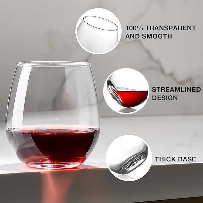 Large Stemless Wine Glasses Set of 6, 17 Ounces Red & White Wine Glasses Tumbler for Party, Clear Drink Glasses, Ideal Wine Accessories Gift, Lead-free, Dishwasher Safe