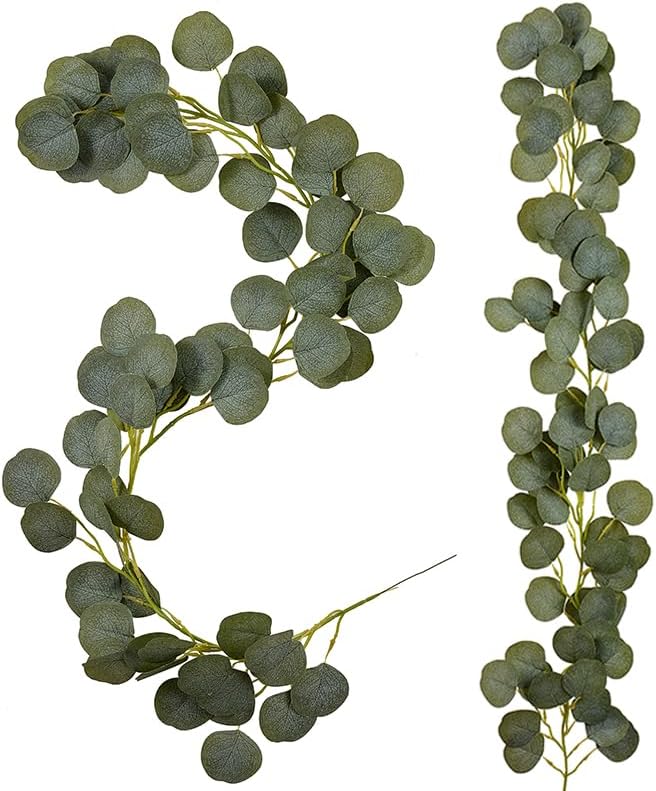 2 Pack Artificial Eucalyptus Garland Faux Silk Leaf Silver Dollar Eucalyptus Leaves Vines Handmade Garland Greenery Wedding Backdrop Indoor Outdoor Arch Wall and Party Home Decoration