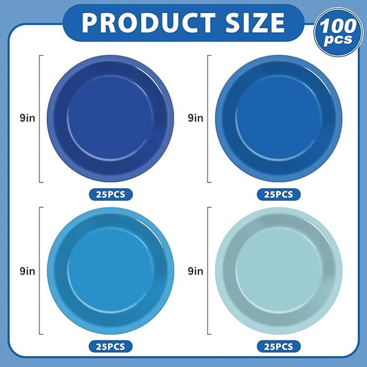 100Pcs Gradient Blue Paper Plates 9 Inch - Disposable Round Dessert Plates for Ocean Party, Winter Table Decor - Birthday, Wedding, Baby Shower Tableware
