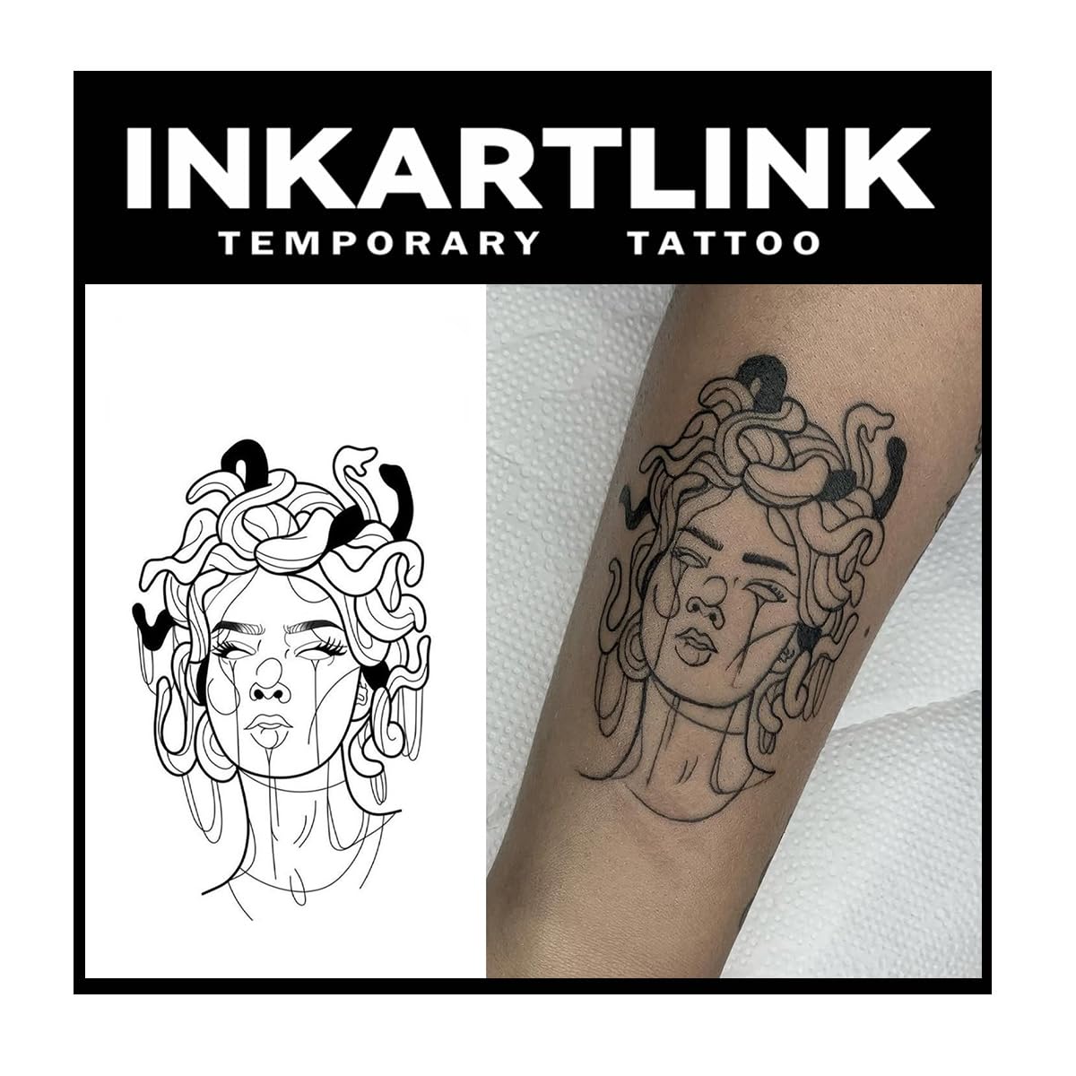 INKARTLINK Temporary Tattoos, 2 Sheets large Semi Permanent Tattoo Adult Art Waterproof Temp Tattoo Party Favors Tattoo Stickers Realistic Look, No Adhesive, Lasts 1-2 Weeks Black (Medusa)