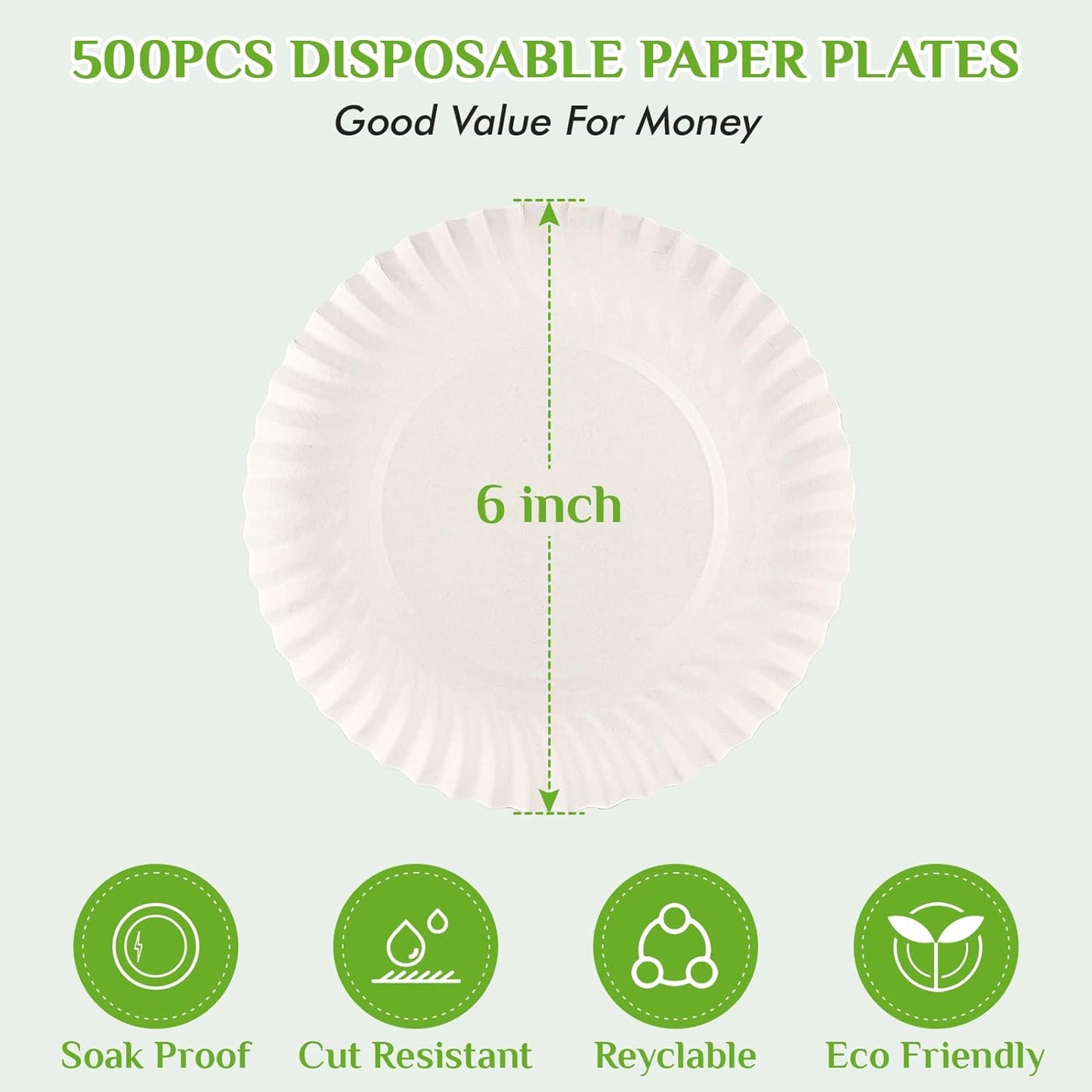 FOCUSLINE 6 Inch White Paper Plates 500 Count, Uncoated Paper Plates, Everyday Disposable Dessert Plate 6" Plate Bulk, Pack of 500 Count